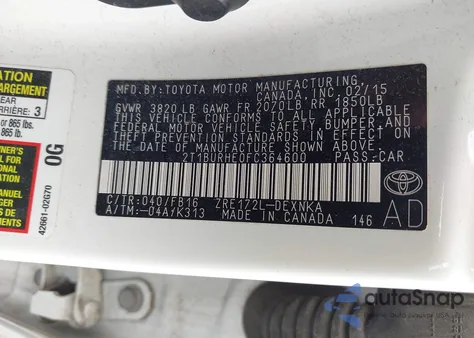 2015 Toyota Corolla Le z USA, uszkodzony, nr VIN 2T1BURHE0FC364600